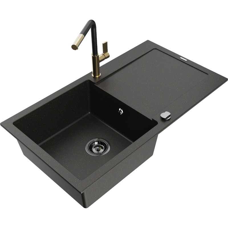 Mexen Leo Granitspüle 1-beckig mit Abtropffläche und Küchenarmatur Flora, schwarz/gold metallic - 6501-75-670401-57-B