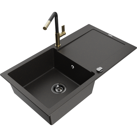 Mexen Leo Granitspüle 1-Becken mit Abtropffläche und Küchenarmatur Flora, schwarz/gold metallisch - 6501-75-670401-57-B