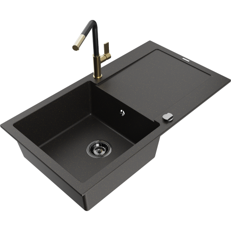 Mexen Leo Granitspüle 1-beckig mit Abtropffläche und Küchenarmatur Flora, schwarz/goldener Metallic - 6501-75-670401-57-B