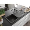 Mexen Leo Granitspüle mit 1 Becken, Abtropffläche und Küchenarmatur Flora, schwarz/gold metallic - 6501-75-670401-70-B