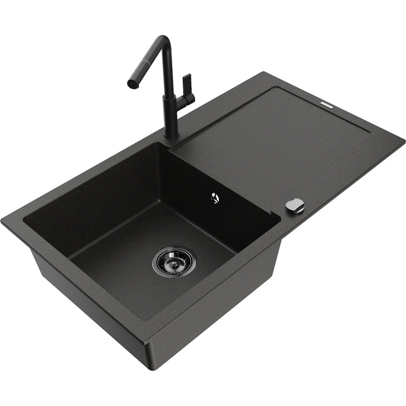 Mexen Leo 1-Stück Granitspüle mit Abtropffläche und Küchenarmatur Flora, schwarz/goldeffekt - 6501-75-670401-70-B