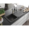 Mexen Leo Granitspüle einteilig mit Abtropffläche und Küchenarmatur Flora, schwarz gesprenkelt - 6501-76-670401-57-B