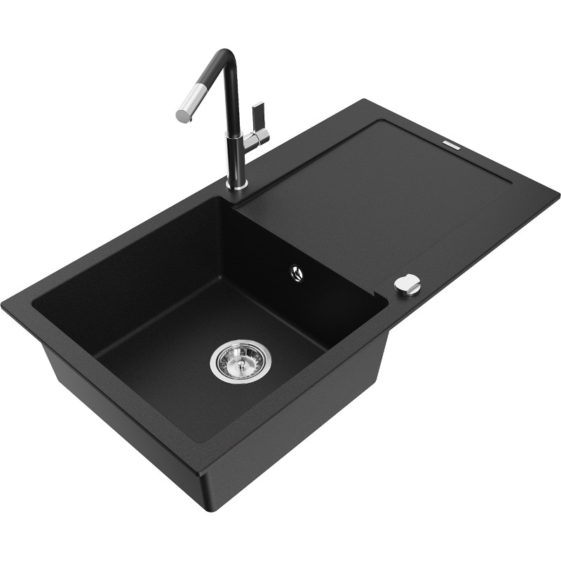 Mexen Leo Granitspüle 1-Becken mit Abtropffläche und Küchenarmatur Flora, schwarz - 6501-77-670401-07