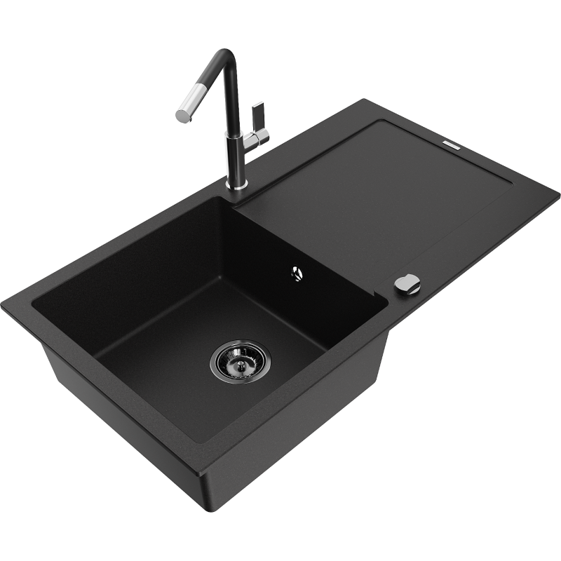 Mexen Leo Granitspüle 1-Becken mit Abtropffläche und Küchenarmatur Flora, schwarz - 6501-77-670401-07-B
