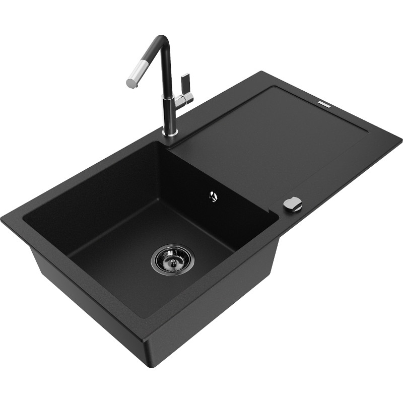 Mexen Leo Granitspüle mit 1 Becken, Abtropffläche und Küchenarmatur Flora, schwarz - 6501-77-670401-07-B