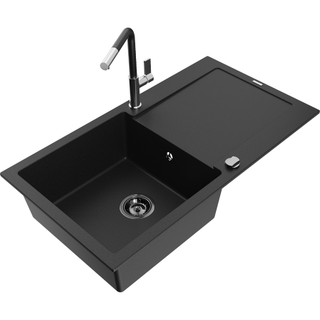 Mexen Leo Granitspüle 1-Becken mit Abtropffläche und Küchenarmatur Flora, schwarz - 6501-77-670401-07-B