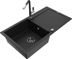 Mexen Leo Granitspüle 1-Becken mit Abtropffläche und Küchenarmatur Flora, schwarz - 6501-77-670401-07-B