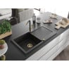 Mexen Leo Granitspüle, 1-Becken mit Abtropffläche und Küchenarmatur Flora, schwarz - 6501-77-670401-57-G