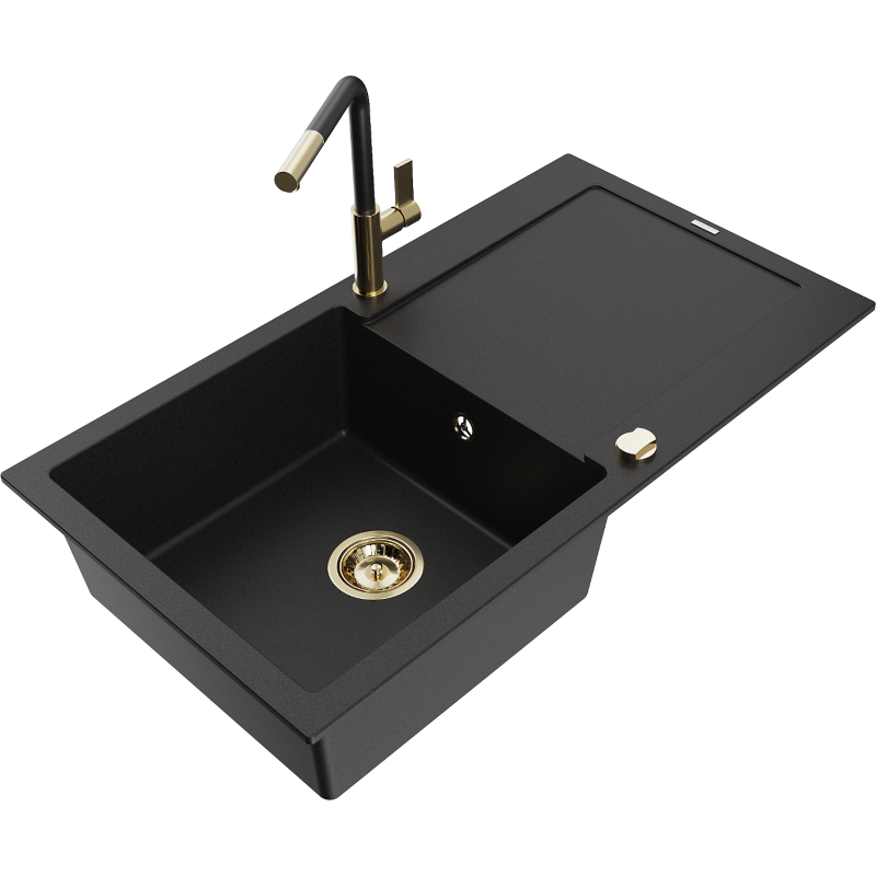 Mexen Leo Granitspüle, 1-Becken mit Abtropffläche und Küchenarmatur Flora, schwarz - 6501-77-670401-57-G