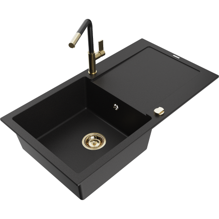 Mexen Leo Granitspüle, 1-Becken mit Abtropffläche und Küchenarmatur Flora, schwarz - 6501-77-670401-57-G