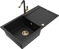 Mexen Leo Granitspüle, 1-Becken mit Abtropffläche und Küchenarmatur Flora, schwarz - 6501-77-670401-57-G