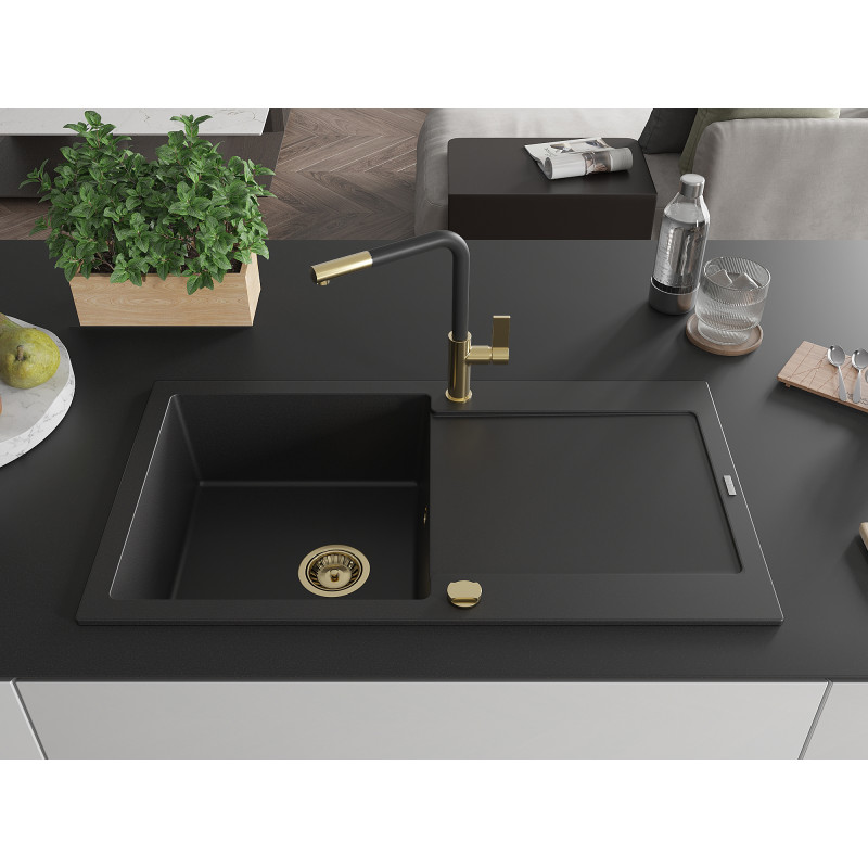 Mexen Leo Granitspüle, 1-Becken mit Abtropffläche und Küchenarmatur Flora, schwarz - 6501-77-670401-57-G