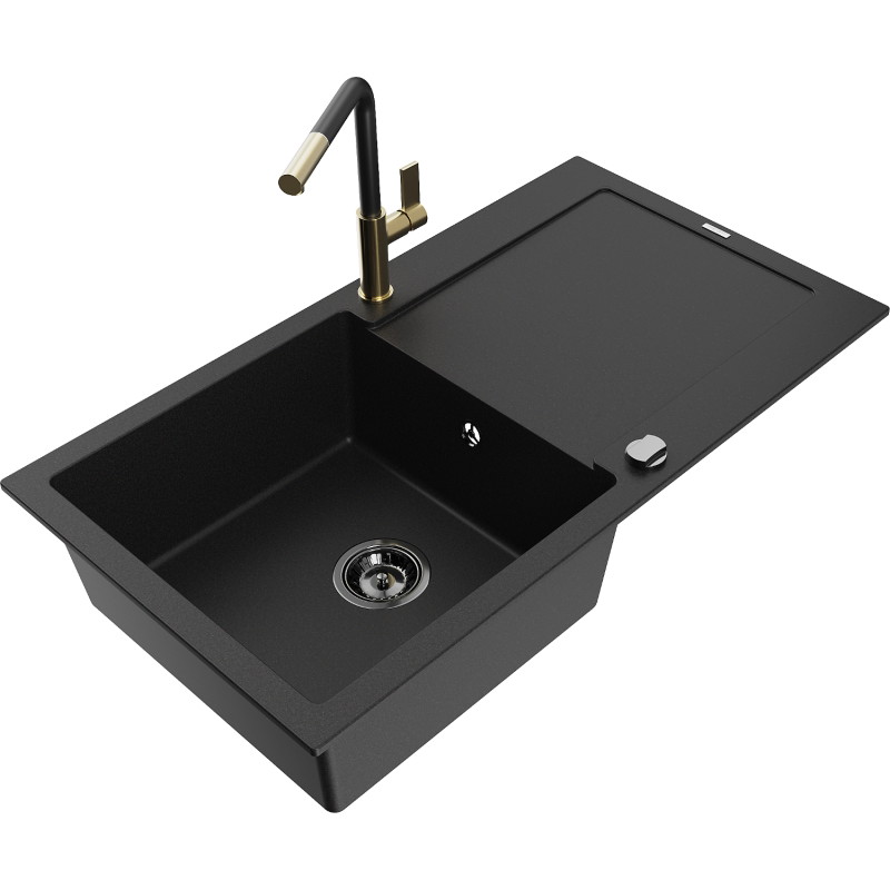 Mexen Leo Granitspüle mit einer Kammer, Abtropffläche und Küchenarmatur Flora, schwarz - 6501-77-670401-57-B