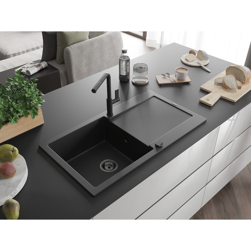 Mexen Leo Granitspüle mit 1 Becken, Abtropffläche und Küchenarmatur Flora, schwarz - 6501-77-670401-70-B