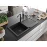 Mexen Leo Granitspüle mit 1 Becken, Abtropffläche und Küchenarmatur Flora, schwarz - 6501-77-670401-70-B
