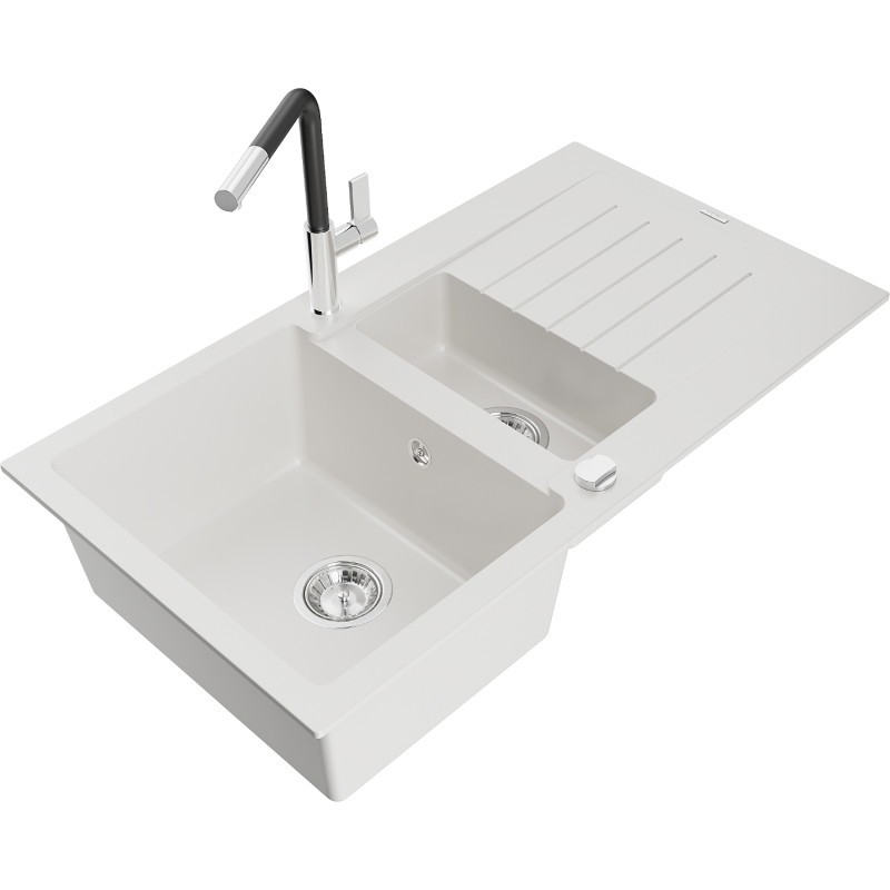 Mexen Matias 1,5-Kammer-Granitsandspüle mit Abtropffläche und Küchenarmatur Flora, weiß - 6502-20-670401-07