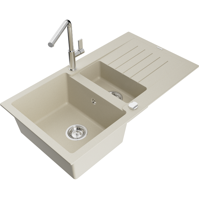 Mexen Matias Granitspüle 1,5-Becken mit Abtropffläche und Küchenarmatur Flora, beige - 6502-69-670401-00