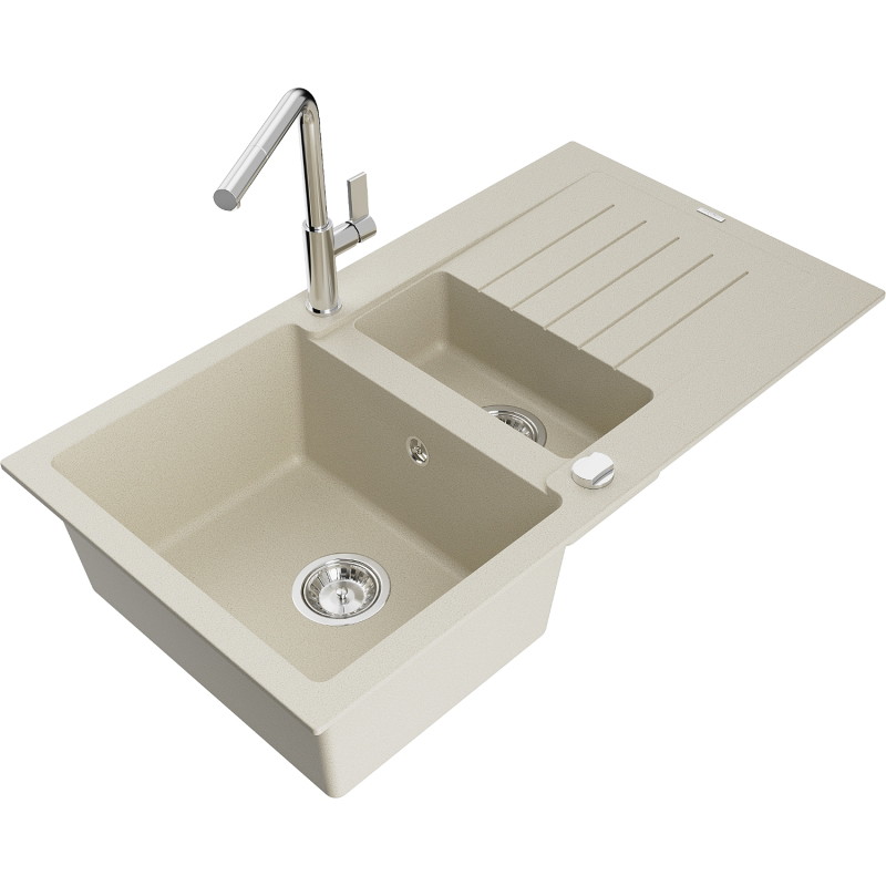 Mexen Matias Granitspüle 1,5-beckig mit Abtropffläche und Küchenarmatur Flora, beige - 6502-69-670401-00
