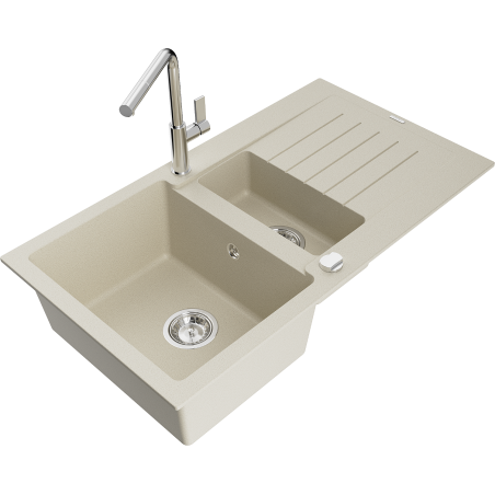 Mexen Matias Granitspüle 1,5-Becken mit Abtropffläche und Küchenarmatur Flora, beige - 6502-69-670401-00