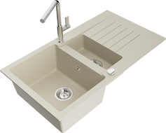 Mexen Matias Granitspüle 1,5-Becken mit Abtropffläche und Küchenarmatur Flora, beige - 6502-69-670401-00