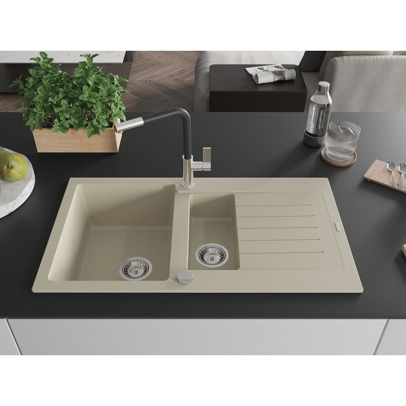 Mexen Matias Granitspüle 1,5 Kammern mit Abtropffläche und Küchenarmatur Flora, beige - 6502-69-670401-07