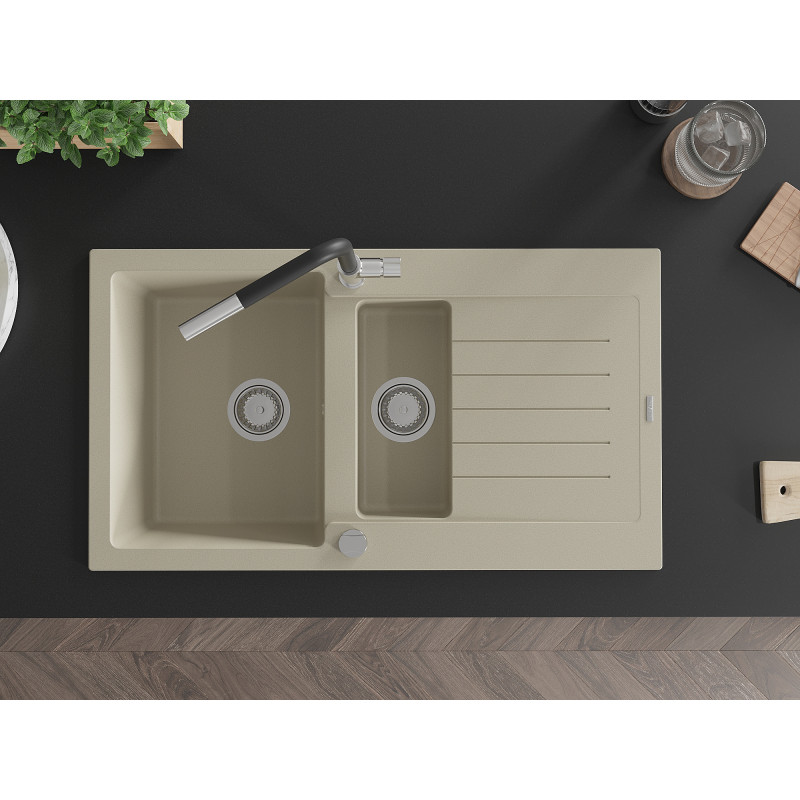 Mexen Matias Granitspüle 1,5 Kammern mit Abtropffläche und Küchenarmatur Flora, beige - 6502-69-670401-07