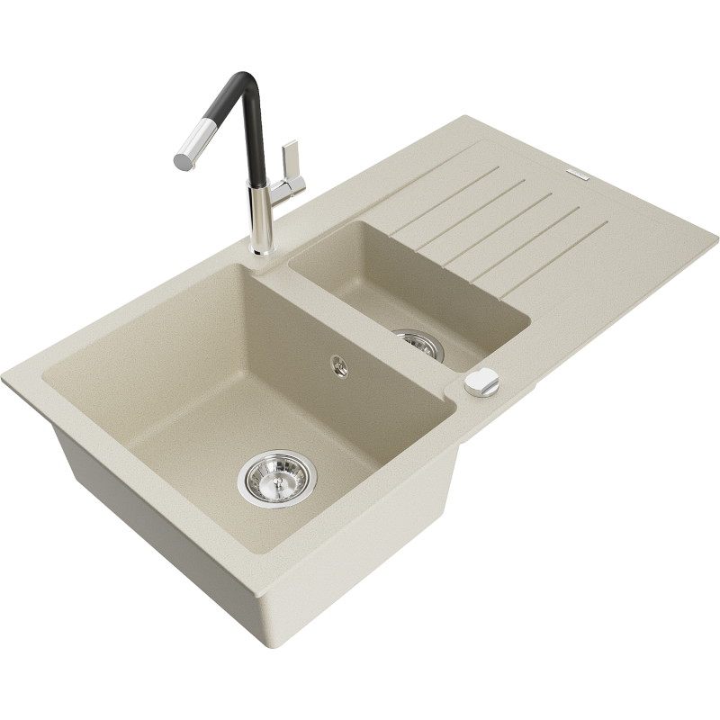 Mexen Matias Granitspüle 1,5-becken mit Abtropffläche und Küchenarmatur Flora, beige - 6502-69-670401-07