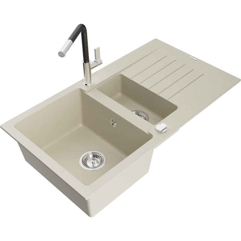 Mexen Matias Granitspüle 1,5 Kammern mit Abtropffläche und Küchenarmatur Flora, beige - 6502-69-670401-07