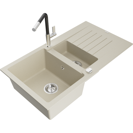 Mexen Matias Granitspüle 1,5 Kammern mit Abtropffläche und Küchenarmatur Flora, beige - 6502-69-670401-07