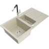 Mexen Matias Granitspüle 1,5 Kammern mit Abtropffläche und Küchenarmatur Flora, beige - 6502-69-670401-07