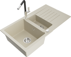 Mexen Matias Granitspüle 1,5 Kammern mit Abtropffläche und Küchenarmatur Flora, beige - 6502-69-670401-07