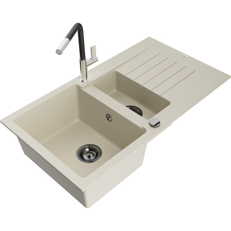 Mexen Matias Granitspüle 1,5-becken mit Abtropffläche und Küchenarmatur Flora, beige - 6502-69-670401-07-B