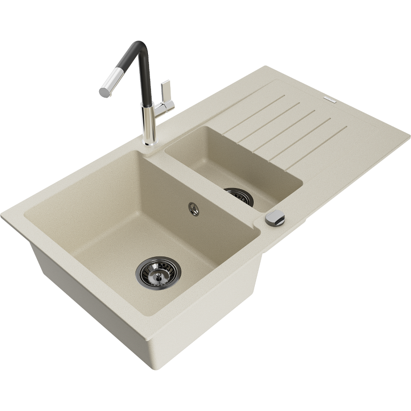 Mexen Matias Granitspüle 1,5-beckig mit Abtropffläche und Küchenarmatur Flora, beige - 6502-69-670401-07-B