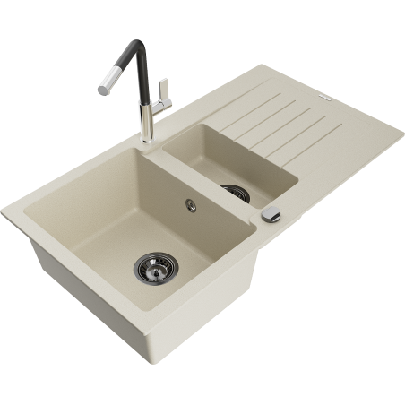 Mexen Matias Granitspüle 1,5-beckig mit Abtropffläche und Küchenarmatur Flora, beige - 6502-69-670401-07-B
