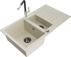 Mexen Matias Granitspüle 1,5-beckig mit Abtropffläche und Küchenarmatur Flora, beige - 6502-69-670401-07-B