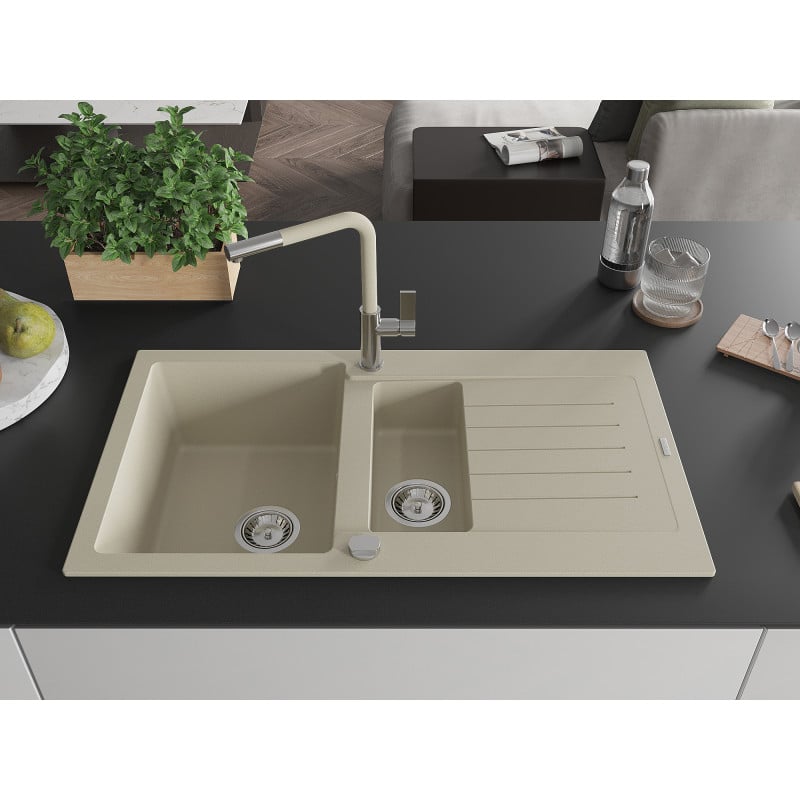 Mexen Matias Granitspüle 1,5-Schüssel mit Abtropffläche und Küchenarmatur Flora, beige - 6502-69-670401-09
