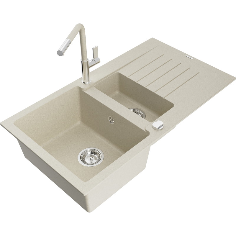 Mexen Matias Granitspüle 1,5-Becken mit Abtropffläche und Küchenarmatur Flora, beige - 6502-69-670401-09