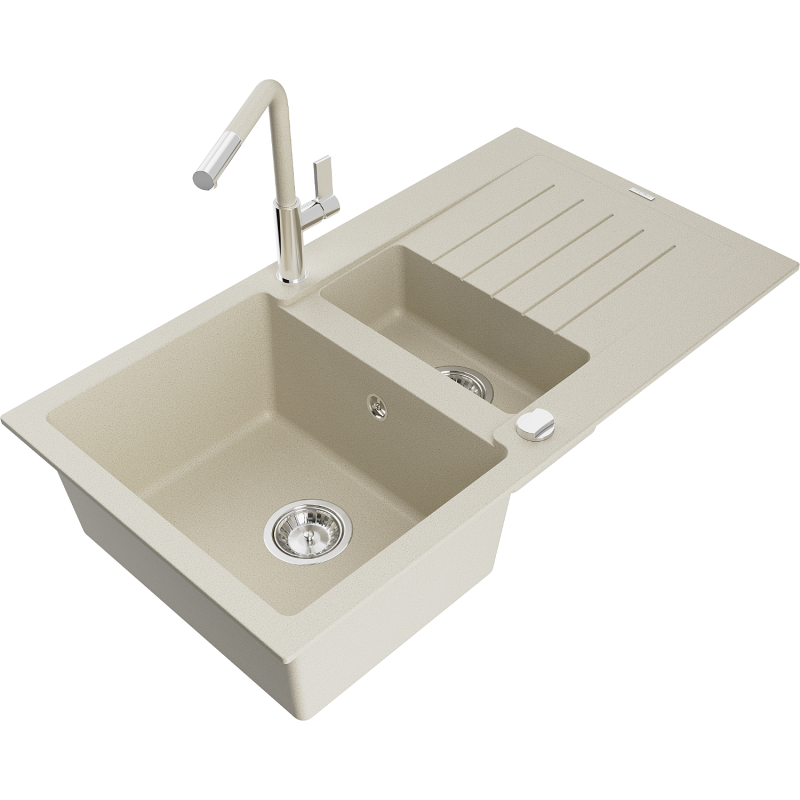 Mexen Matias Granitspüle 1,5-Schüssel mit Abtropffläche und Küchenarmatur Flora, beige - 6502-69-670401-09