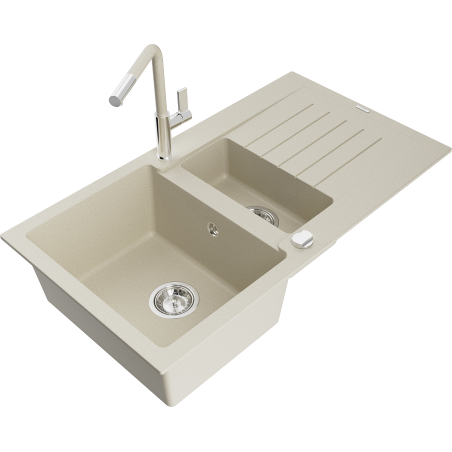 Mexen Matias Granitspüle 1,5-Becken mit Abtropffläche und Küchenarmatur Flora, beige - 6502-69-670401-09