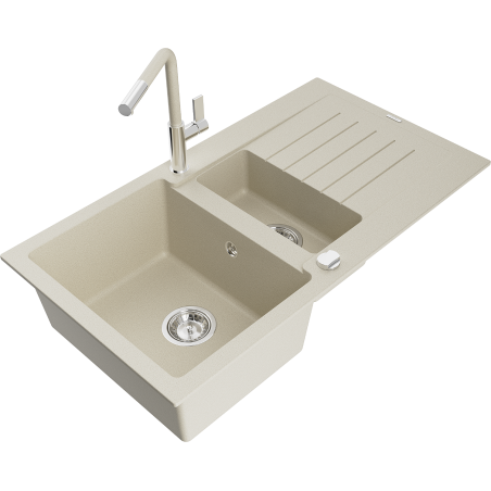 Mexen Matias Granitspüle 1,5-Schüssel mit Abtropffläche und Küchenarmatur Flora, beige - 6502-69-670401-09