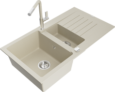 Mexen Matias Granitspüle 1,5-Schüssel mit Abtropffläche und Küchenarmatur Flora, beige - 6502-69-670401-09