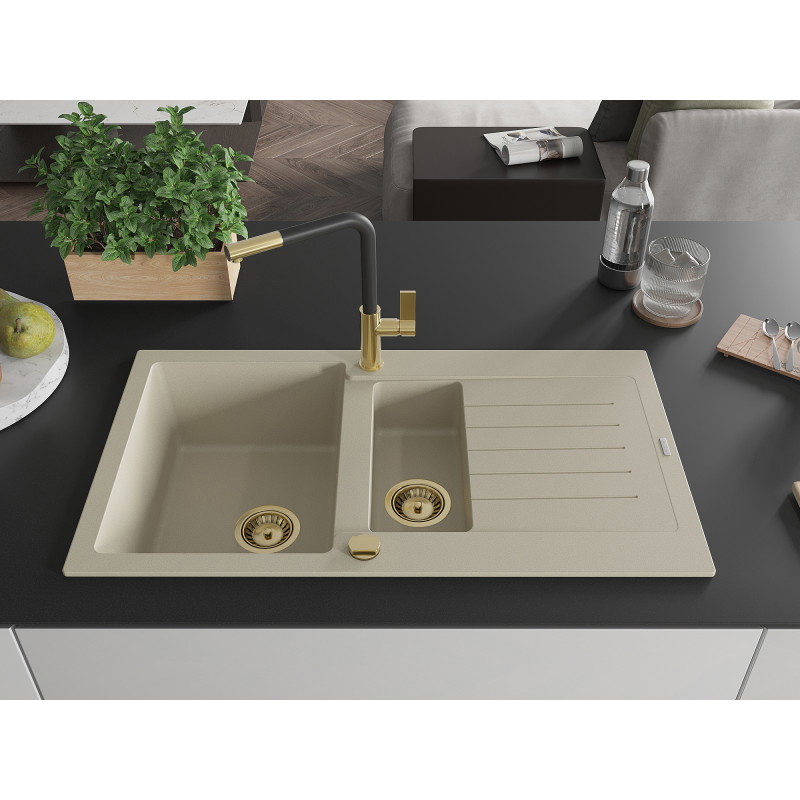 Mexen Matias Granitküchenspüle 1,5-Kammer mit Abtropffläche und Küchenarmatur Flora, beige - 6502-69-670401-57-G