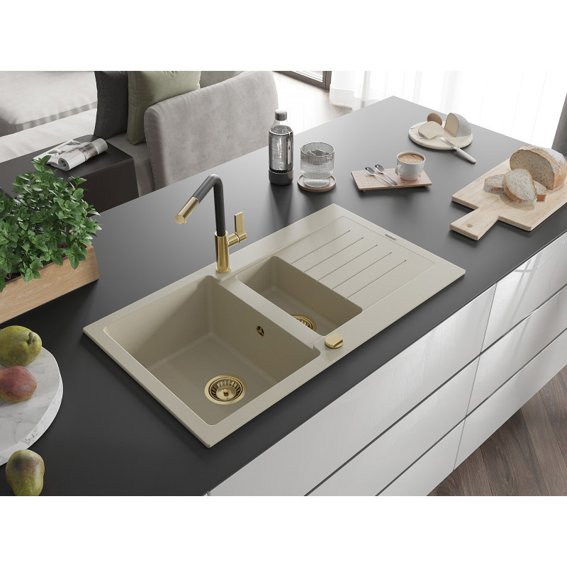 Mexen Matias Granitküchenspüle 1,5-Kammer mit Abtropffläche und Küchenarmatur Flora, beige - 6502-69-670401-57-G