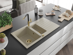 Mexen Matias Granitküchenspüle 1,5-Kammer mit Abtropffläche und Küchenarmatur Flora, beige - 6502-69-670401-57-G
