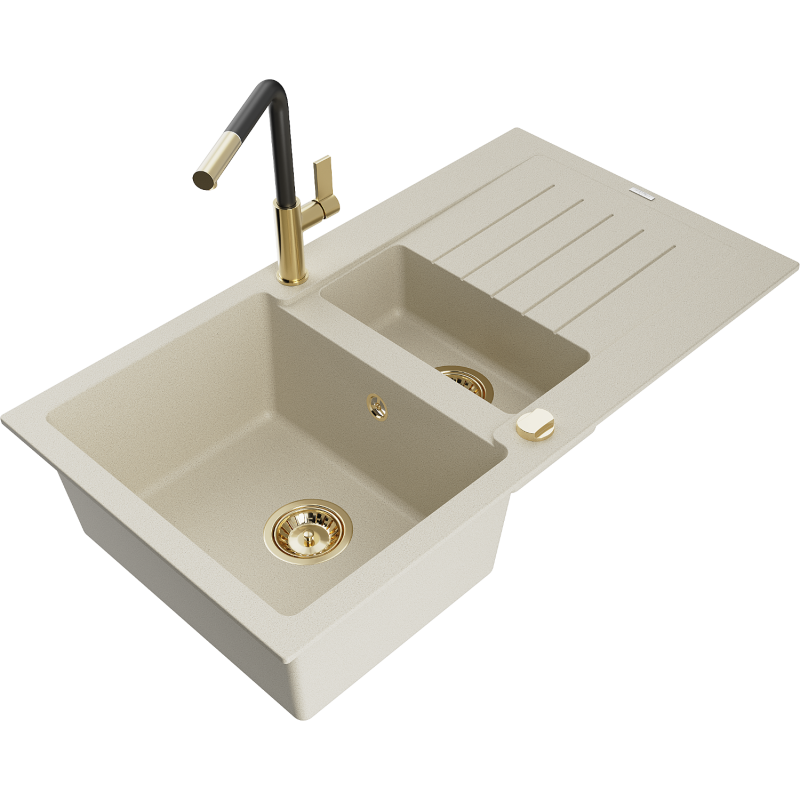 Mexen Matias Granitküchenspüle 1,5-Kammer mit Abtropffläche und Küchenarmatur Flora, beige - 6502-69-670401-57-G