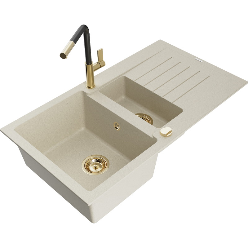 Mexen Matias Granitspüle 1,5-beckig mit Abtropffläche und Küchenarmatur Flora, beige - 6502-69-670401-57-G