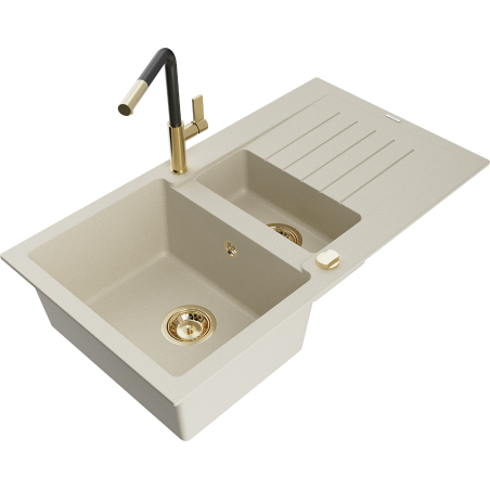Mexen Matias Granitküchenspüle 1,5-Kammer mit Abtropffläche und Küchenarmatur Flora, beige - 6502-69-670401-57-G