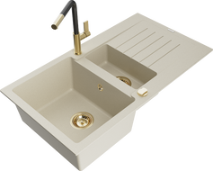Mexen Matias Granitküchenspüle 1,5-Kammer mit Abtropffläche und Küchenarmatur Flora, beige - 6502-69-670401-57-G