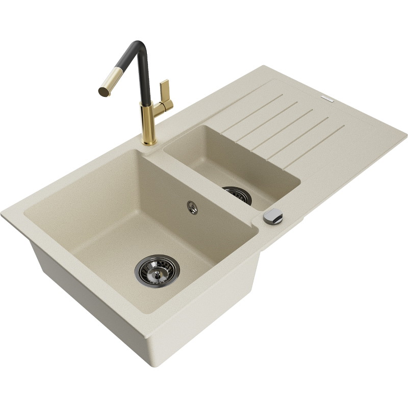 Mexen Matias Granitspüle 1,5-Kammer mit Abtropffläche und Küchenarmatur Flora, beige - 6502-69-670401-57-B