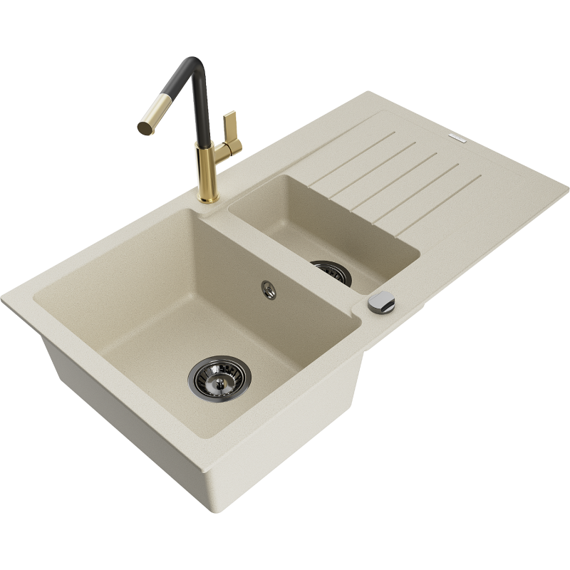 Mexen Matias Granitspüle 1,5-Kammern mit Abtropffläche und Küchenarmatur Flora, beige - 6502-69-670401-57-B